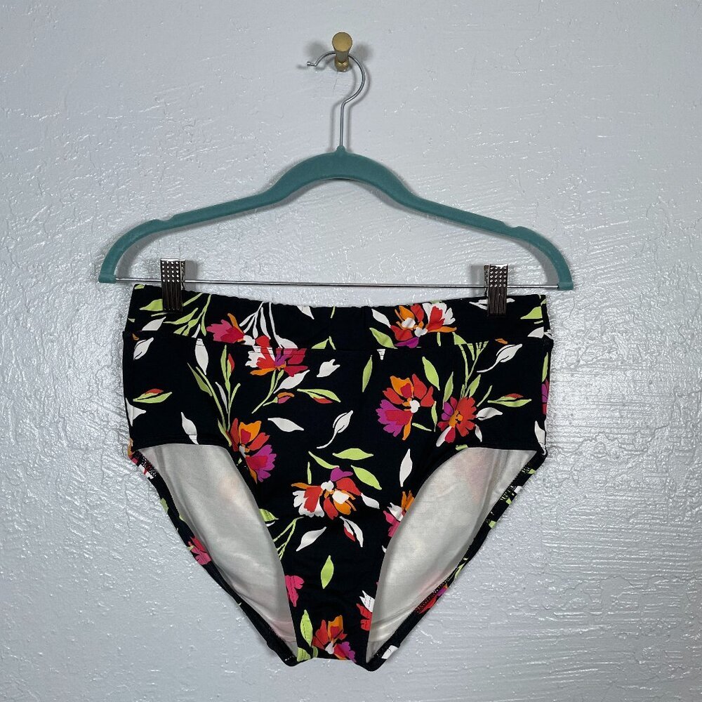 Lands End Women 10 Black Floral High Waisted Swim Bikini Bottoms Lined Stretch